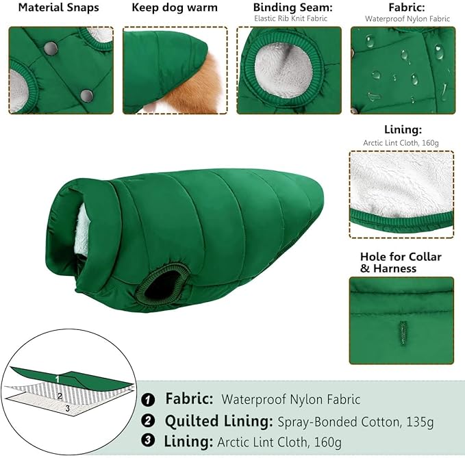 ASENKU Dog Winter Coat - Waterproof Windproof Dog Jacket, Warm Snowproof Doggie Puffer Vest for Cold Weather, Lightweight Snow Coats for Small Medium Large Dogs(M, Green)