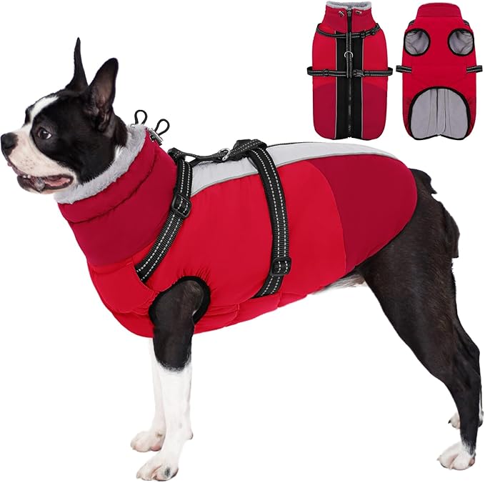 AOFITEE Small Dog Coat, Waterproof Dog Winter Jacket with Harness Built in, Warm Fleece Lined Dogs Jacket for Cold Weather, Reflective Pet Snow Jackets with Zipper for Yorkshire, Schnauzer,Red S