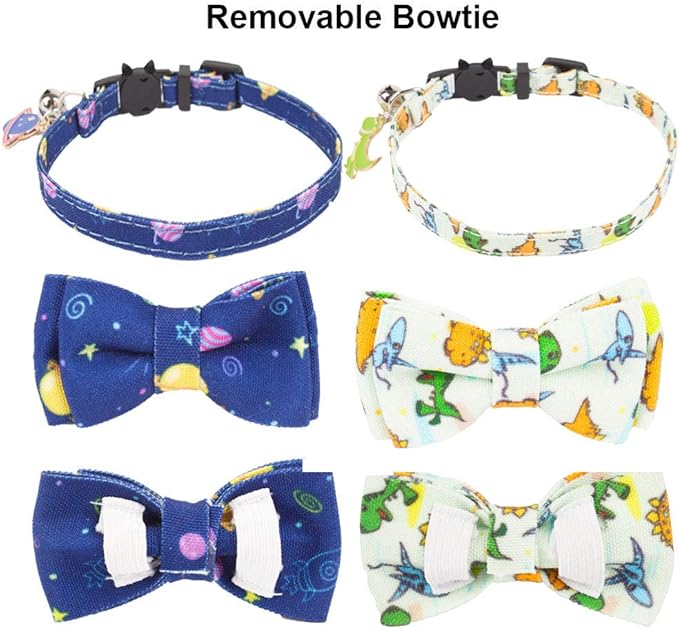 ADOGGYGO Cat Collar Breakaway with Cute Bow Tie Bell, 2 Pack Kitten Collar with Removable Bowtie, Universe Dinosaur Bowtie Collar for Cats (7.5"- 10.5")
