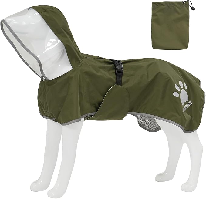 MAMORE Dog Raincoat Hooded Rain Jacket for Small Medium Large Dogs Slicker Poncho Bottom Waterproof Adjustable Reflective Breathable Leash Hole (Army Green, Large)