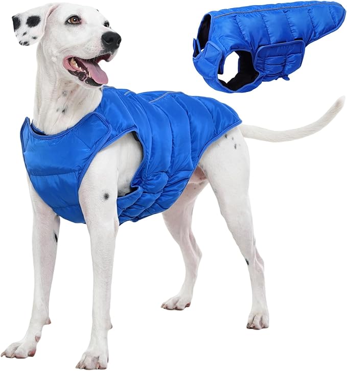 Kuoser Dog Puffer Jacket Warm Dog Coat for Large Dogs, Windproof Reflective Pet Padded Vest Cold Weather Clothes Puppy Snowsuit with Hook & Loop Coats, Easy On/Off, Blue XL