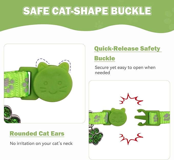 4PCS Breakaway Cat Collars,Reflective Cat Collar with Bells,Kitten Collars for Boy&Girl Cats Breakaway Collar for Cats with Paw Pendant 7.5-12.6 Inch(Black+Blue+Green+Grey)