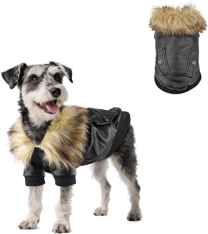 PETLESO Dog Coat for Small Dogs, Dog Leather Jacket Waterproof Windproof, Double Layer Warm Dog Winter Coat with Plush Lined, Black XL