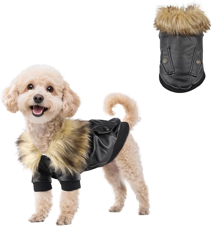 PETLESO Dog Coat for Small Dogs, Dog Leather Jacket Waterproof Windproof, Double Layer Warm Dog Winter Coat with Plush Lined, Black L