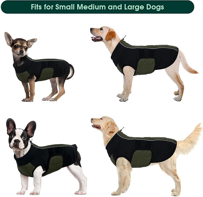 Kuoser Dog Jacket, Winter Dog Coats for Medium Dogs, Reflective Doggie Cold Weather Coats Pet Clothes, Puppy Snow Jacket for Frech Bulldog, Boston Terrier, Green L