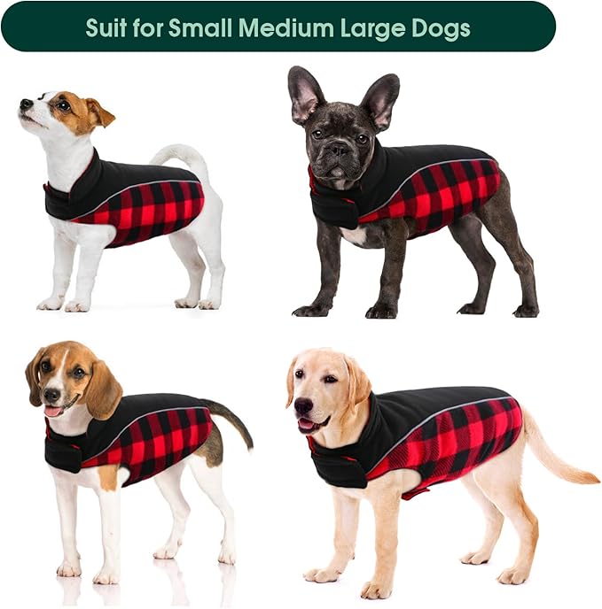 Kuoser Dog Winter Coat, Reversible Waterproof Dog Jacket with Reflective Strip, Warm Dogs Fleece Vest Adjustable Doggy Cold Weather Clothes Plaid Christmas Outfit Pet Apparel for Large Dogs, Red XL