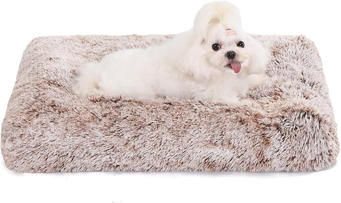 Bedfolks Waterproof Dog Crate Bed, Plush Dog Kennel Pad with Removable Washable Cover, Faux Fur, 17"x12", Brown
