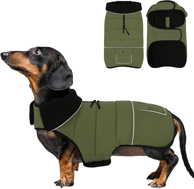 Dog Coat, Small Medium Dog Jacket, Windproof Dogs Puffer Jacket, Fleece Lined Warm Dogs Winter Coat with Harness Hole (Army Green L)