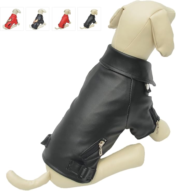 Lovelonglong Cool Dog Leather Jacket, Warm Coats Dogs Windproof Cold Weather Coats for Large Medium Small Dogs, Beagle Clothing Black L-S