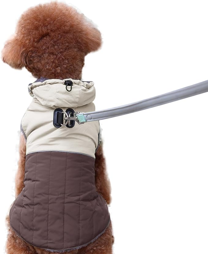 Detachable Hooded Dog Coat with Harness for Small Dogs,Super Warm Fleece Puppy Jacket for Cold Winter Doggie Coats,Brown XS