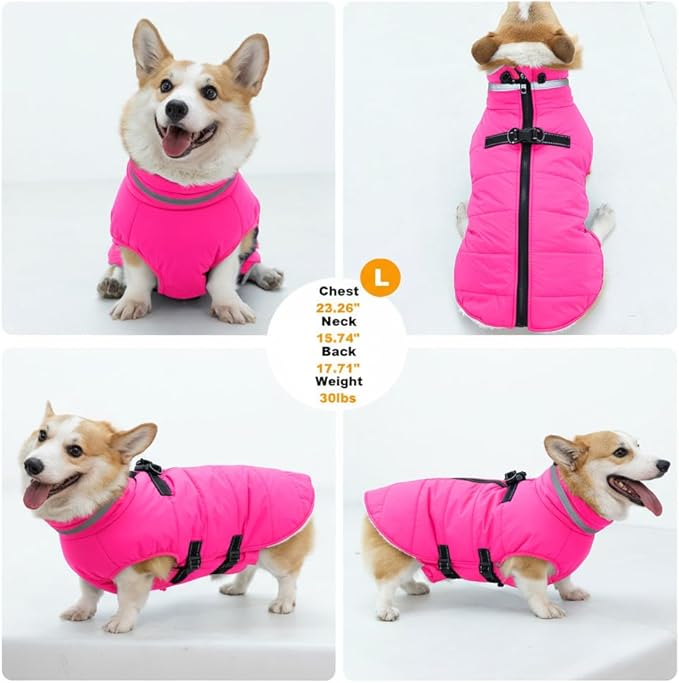 Large Dog Coat with Harness Built-in, Waterproof Reflective Fleece Lined - Warm Windproof Winter Jacket with Back Zipper, Cold Weather Snow Dog Coats - Pink - XL