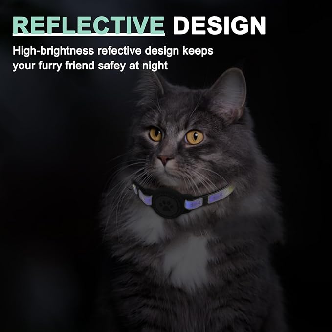 Airtag Cat Collar Breakaway, Reflective Cat Collar with AirTag Holder and Bell, Compatible with Apple Air Tag, Comfortable Padding, Adjustable, Durable (Black)