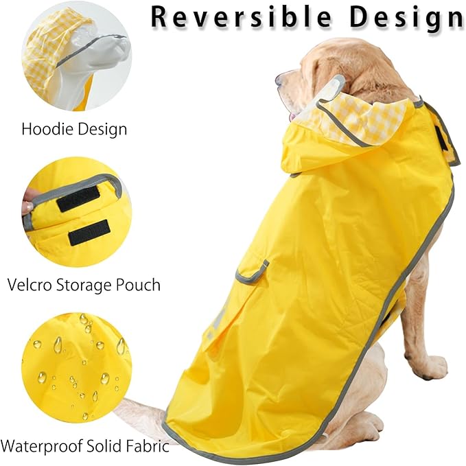 MAMORE Dog Raincoat Reversible,Waterproof Dog Rain Coat Hooded Slicker Poncho with Reflective Strip, Plaid Double Layer Rain Jacket for Small Medium Large Dogs (Yellow, Small)