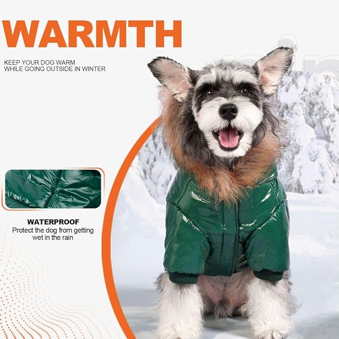 PINA Dog Winter Coat with Faux Fur Hood, Windproof and Warm, Suitable for Small to Large Dogs, Green, XL