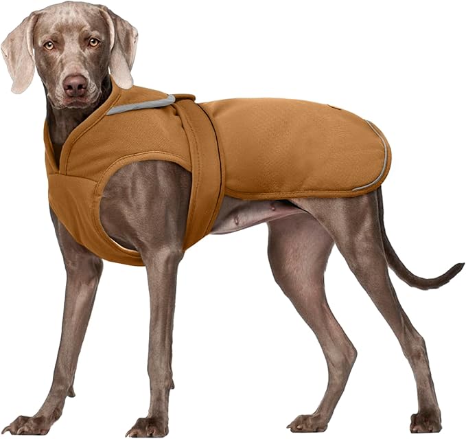 Kuoser Canvas Dog Coat, Warm Dog Jacket Reflective Fleece Pet Cold Weather Coat, Warm Doggie Clothes Waterproof Winter Vest with Zipper Leash Hole for Small Medium Large Dogs, Brown XL