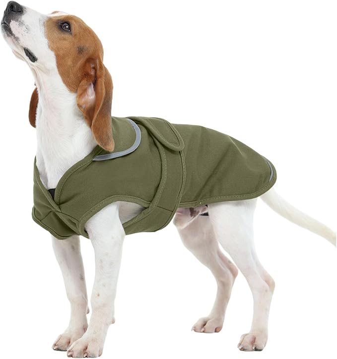 Kuoser Canvas Dog Coat, Warm Dog Jacket Reflective Fleece Pet Cold Weather Coat, Warm Doggie Clothes Waterproof Winter Vest with Zipper Leash Hole for Small Medium Large Dogs, Army Green M