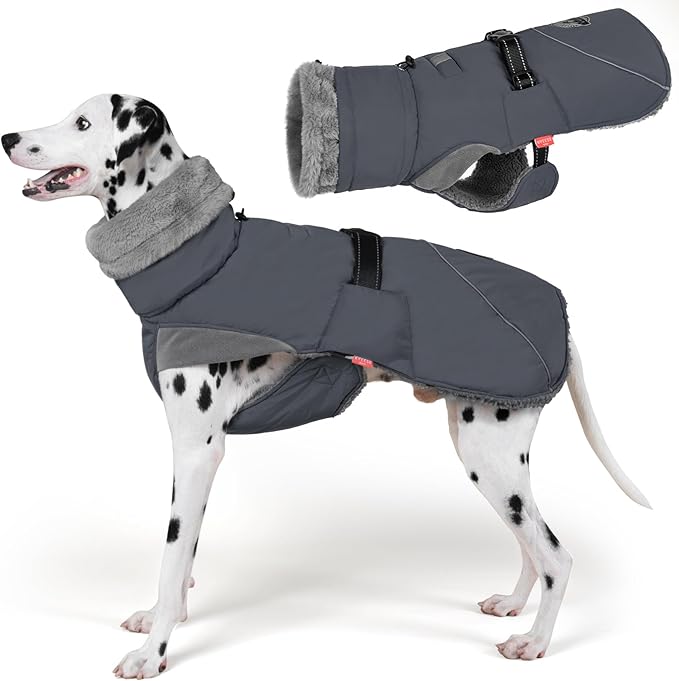 KYEESE Waterproof Dog Coat, Windproof Pet Jacket with Thick Fleece Lining, Extra Warm High Collar Dog Coats for Medium to Large Dogs with Leash Hole and Reflective Strips, Gray, XX-Large