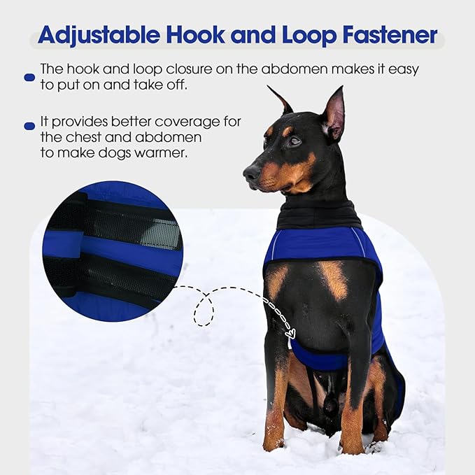 IDOMIK Dog Winter Coat, Warm Waterproof Dog Puffer Jacket with Harness Hole, Adjustable Reflective Snow Jacket Vest with Turtleneck, Pet Cold Weather Coats for Large Dogs,Blue,2XL