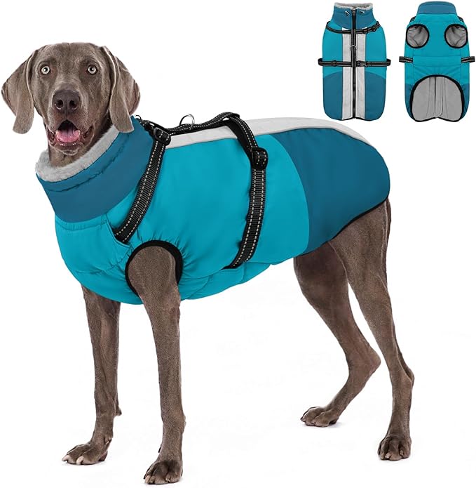 AOFITEE Dog Coat for Large Dogs, Waterproof Dog Winter Jacket with Built in Harness, Warm Turtleneck Cold Weather Coats Large, Reflective Fleece Lined Snow Jacket for French Bulldog, Boston Terrier, L