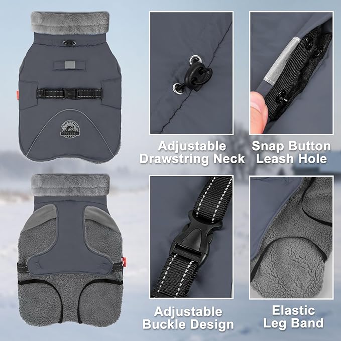 KYEESE Waterproof Dog Coat, Warm Windproof Jacket, Turtleneck Winter Dog Coats for Small Dogs with Leash Hole, Reflective Pet Clothes & Outdoor Apparel, Thick Fleece-Lined Winter Jacket, Gray, Large