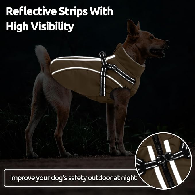 Dog Winter Coat with Harness Built in Warm Puffer Dog Jackets for Small Medium Large Dogs Windproof Waterproof Outfit with Plush Lining and Reflective Stripes (Brown, M)