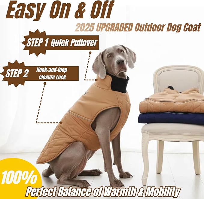 Outdoor Classic Quilted Upgraded Dog Winter Coat, Waterproof & Lightweight Coats for Large Dogs, 2-Layer Warmth Jacket with Reflective Strip Leash hole, Active Fit Pet Clothes for Girls Boys(Khaki,XL)