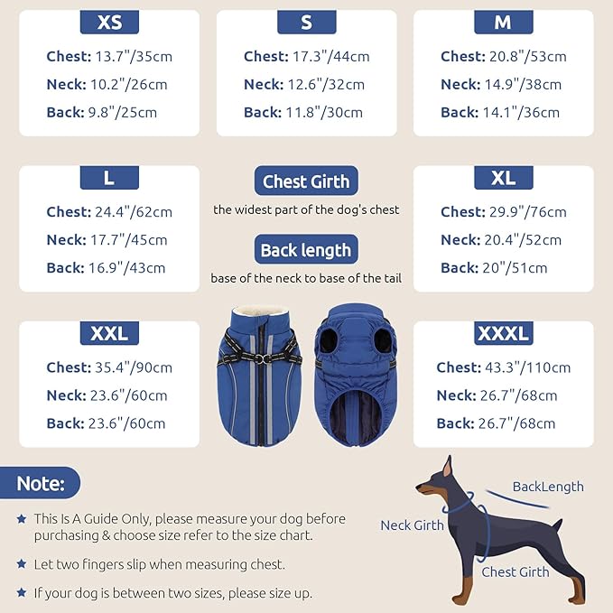 Dog Winter Coat with Harness Built in Warm Puffer Dog Jackets for Small Medium Large Dogs Windproof Waterproof Outfit with Plush Lining and Reflective Stripes (Blue, M)