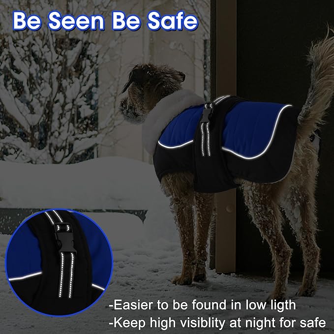 Dogcheer Waterproof Dog Coat, Christmas Dog Winter Jacket, Adjustable Puppy Fleece Coat for Cold Weather, Reflective Turtleneck Snow Jacket for Small Medium Large Dogs - Blue, L