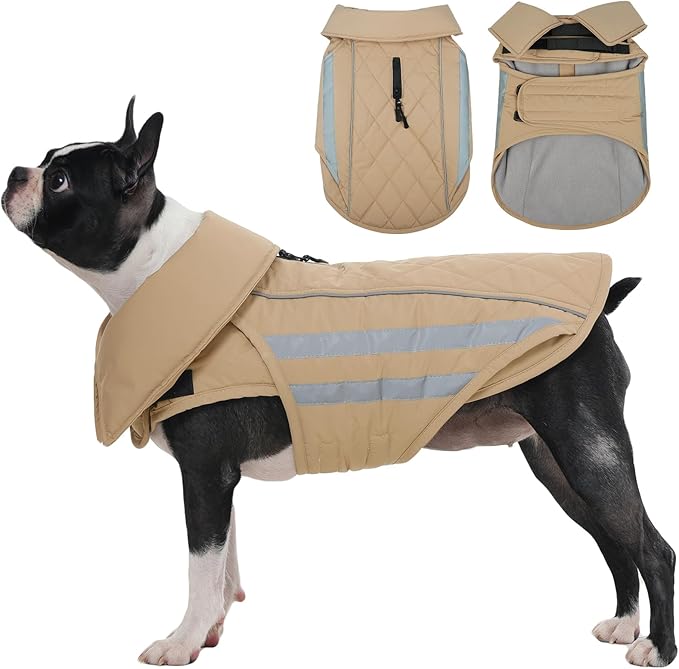 IECOii Dog Coat Waterproof - Adjustable & Reflective Winter Jacket with Cozy Fleece Lining, Coats for Rainy, Snowy Outdoor Activities, Khaki, Sizes M