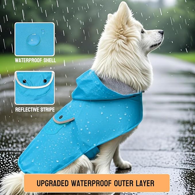 Dog Raincoat Dogs Rain Jacket Reflective Poncho Rainwear Waterproof Pet Clothes Warm Lined Pocket Hooded Leash Hole Adjustable for Puppy Small Dogs,Blue,M,Back Length 10.0 Inch