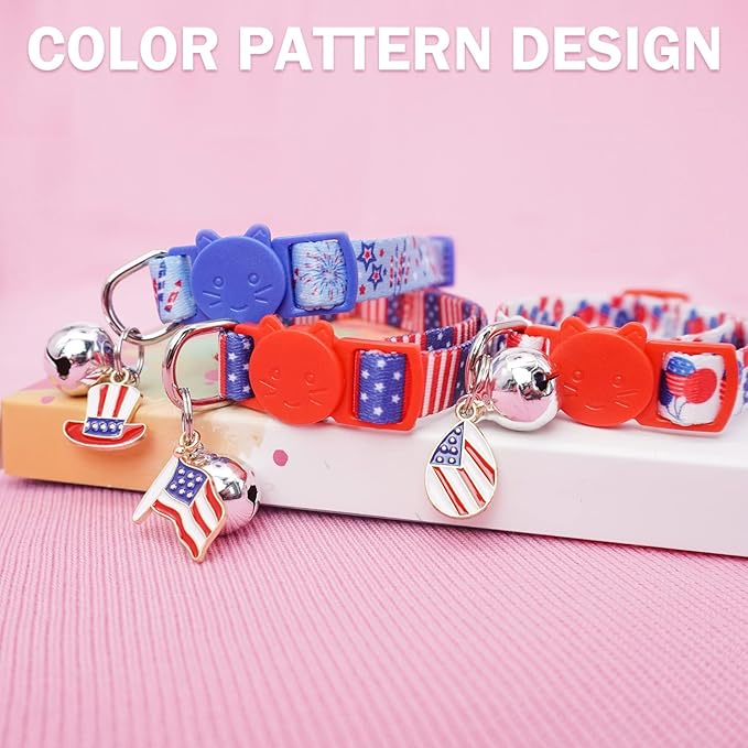 3 Pack Breakaway Cat Collars with Bell- 4th of July Cat Collar,Independence Holiday American Flag Kitty Collar for Girl Boy Cats with Safety Buckle- Cute Kitten Collar Adjustable 8"-12"