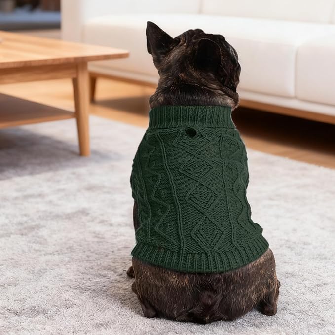 PUPTECK Dog Sweater, Turtleneck Warm Knitted Pullover Coat, Thick Cable Knitwear Clothes in Winter, Pet Apparel Outfits for Small Medium Dogs, for Cold Weather Indoor & Outdoor, Deep Green SM