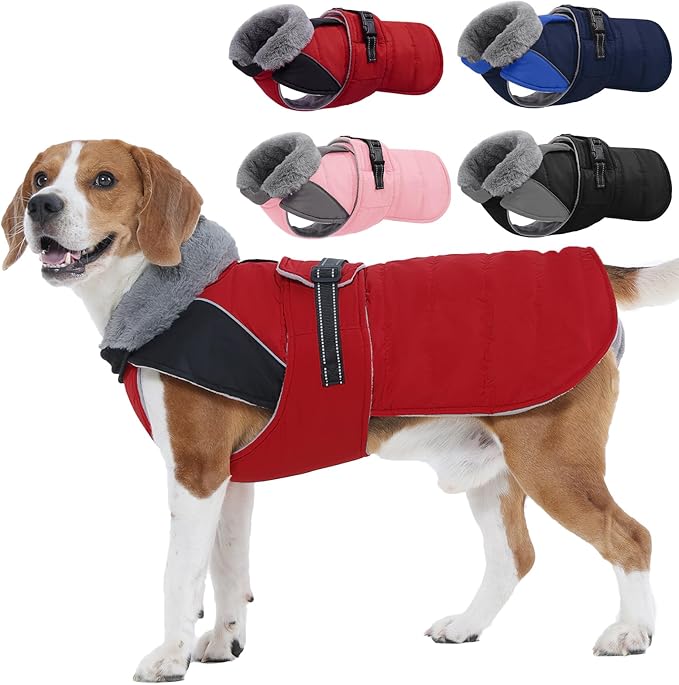Nanaki Warm Dog Coats for Winter, Fleece Lined Furry Collar, Waterproof Reflective Dog Snowsuit with Leash Hole for Outdoor Walking Hunting, Easy On Cold Weather Puppy Jacket Vest, Beagle, Red L