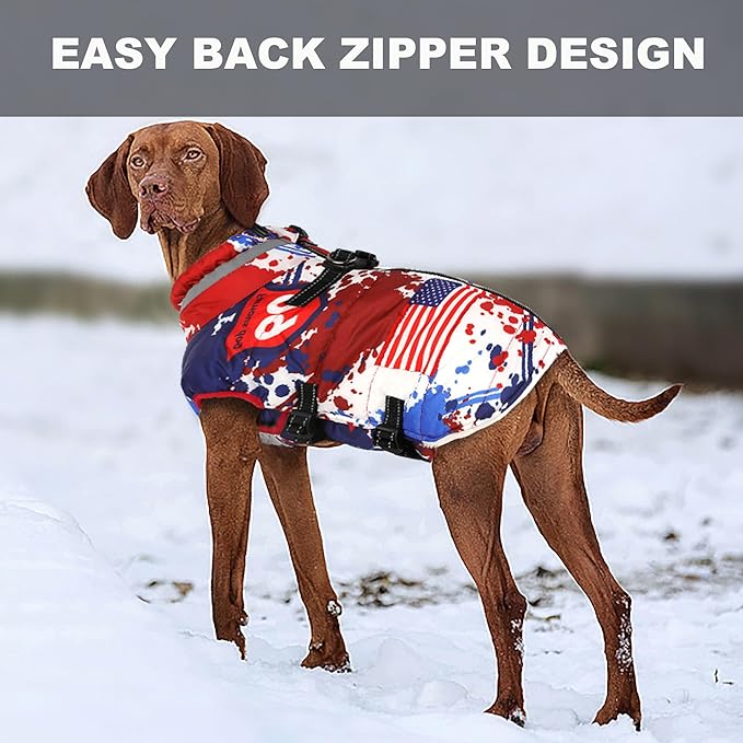 Medium Dog Coat with Harness Built-in, Waterproof Reflective Fleece Lined - Warm Windproof Winter Jacket with Back Zipper, Cold Weather Snow Dog Coats - American Flag - M