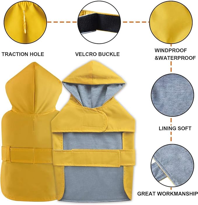 Dog Raincoat Dog Rain Jacket Poncho Waterproof Pet Rain Suit Double Layer Breathable Lining Hooded Leash Hole Adjustable Puppy Small Medium Dogs,Yellow,M