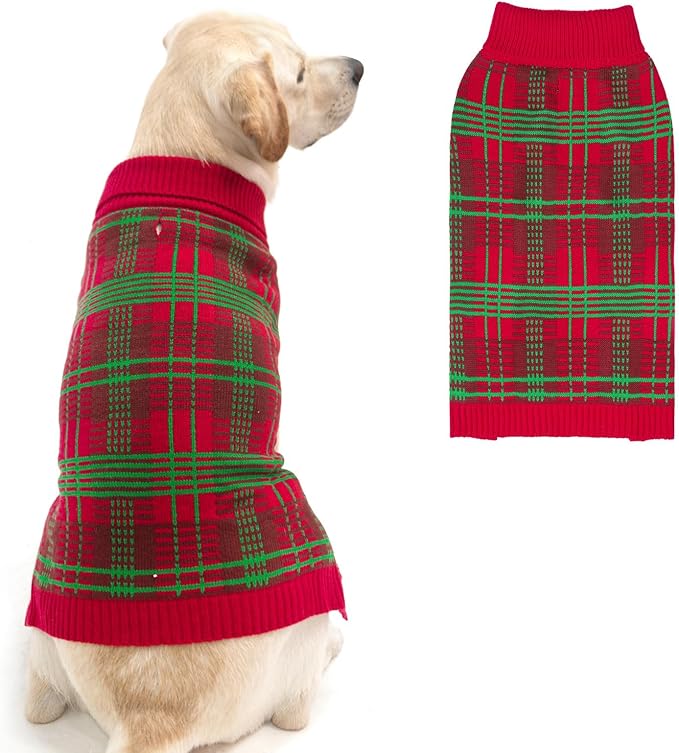 PUPTECK Dog Christmas Sweaters for Large Medium Small Dogs - Fall Outfit Classic Plaid Style Puppy Holiday Winter Coat Clothes Warm