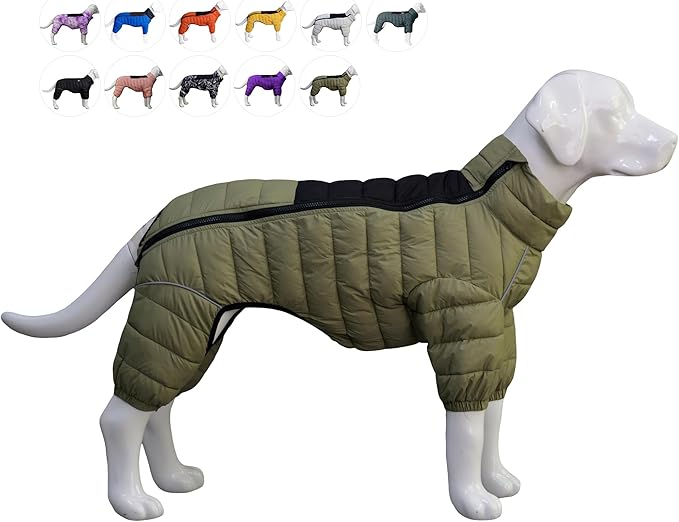 Warm Coat, 4 Legs Covered Waterproof Windproof Reflective Jacket, Zippered Adjustable Outdoor Snow Vest for Small Medium Large Dogs, Olive Green XXXL