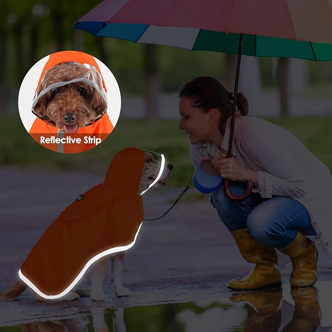 SlowTon Dog Raincoat, Adjustable Dog Rain Jacket Clear Hooded Double Layer, Waterproof Poncho with Reflective Strip Straps and Storage Pocket for Small Medium Large Dogs Puppies(OR XXL)