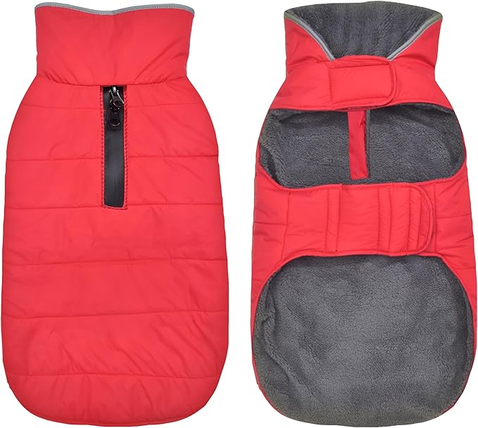 Dog Winter Coat, Waterproof Dog Jacket with Leash Hole, Reflective Adjustable Pet Snow Vest, Warm Fleece Sweater for Small Medium Large Dogs - Red, XS