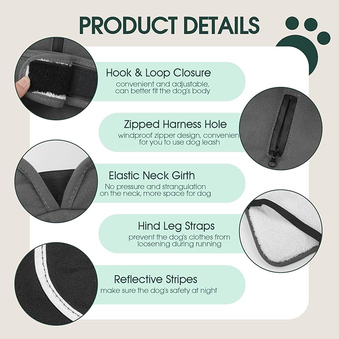 Kuoser Canvas Dog Coat, Warm Dog Jacket Reflective Fleece Pet Cold Weather Coat, Warm Doggie Clothes Waterproof Winter Vest with Zipper Leash Hole for Small Medium Large Dogs, Grey 2XL