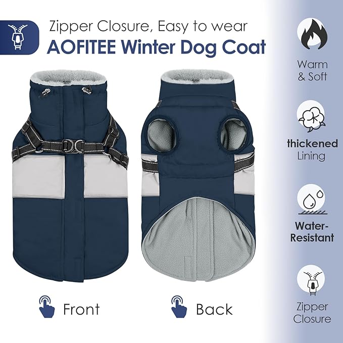 AOFITEE Dog Coat, Large Dog Jacket, Dogs Coat with Harness Built in, Reflective Waterproof Dogs Jackets Winter with Furry Collar, Warm Polar Fleece Pet Sweater Snowsuit for Doberman, Great Dane XXXL