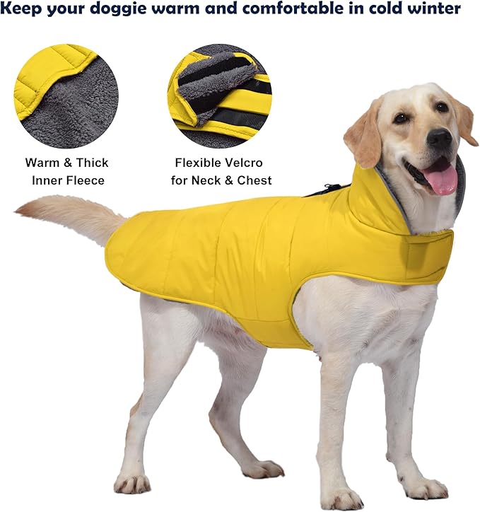 Dog Winter Coat, Waterproof Dog Jacket with Leash Hole, Reflective Adjustable Pet Snow Vest, Warm Fleece Sweater for Small Medium Large Dogs - Yellow, XS