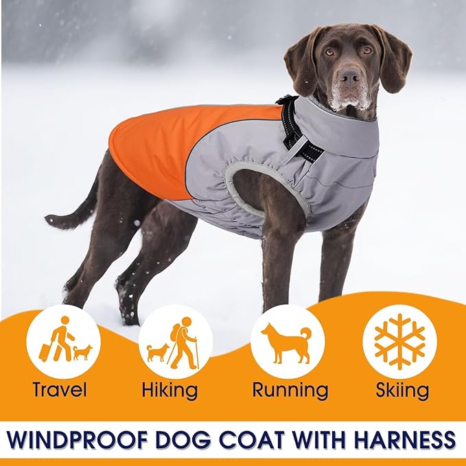 Dog Coat with Harness Built in,Water-Repellent Dog Jacket Christmas Puppy Winter Coat with Reflective,XS Doggy Winter Jacket with Zipper,Soft Pet Fleece Snow Jacket for Small Dogs,Orange,XS