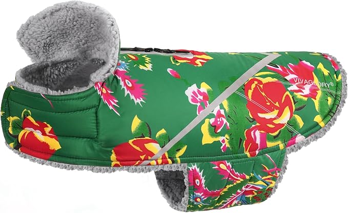 VIVAGLORY Snowrap Dog Coat, Jacket with Harness Hole & Velcro Closure, Dog Coat for Winter & Cold Weather, Fluffy Warm Fleece Lined Reflective Water Resistant for Puppy, L, Northeast Florals-Green