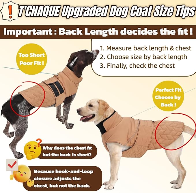 Outdoor Classic Quilted Upgraded Dog Winter Coat, Waterproof & Ultra Warmth Coats for Large Dogs, Lightweight Jackets Adjustable, Pet Turtleneck Snowsuit for Labrador Dalmatian(Khaki, 2XL)
