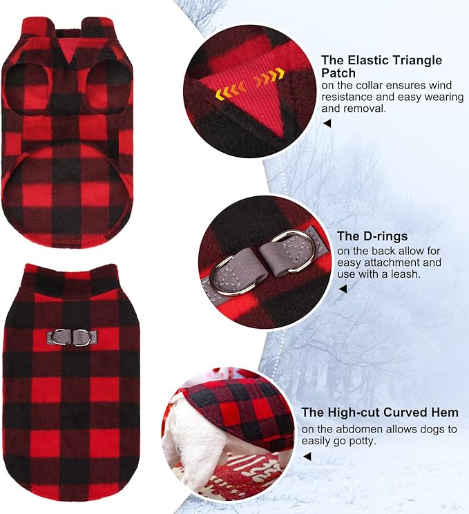 BEAUTYZOO Small Dog Sweater Fleece Vest Winter Jacket, D-Ring Leash Attachment for XS S Puppy Medium Sized Breeds Dogs, Cold Weather Dog Clothes Windproof Keep Warm, Christmas Red Plaid XS
