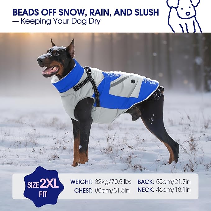 FUAMEY Dog Winter Jackets for Medium Dogs,Dog Coat with Harness Built in,Waterproof Dogs Snowsuits Warm Pet Jacket Zip Up Fleece Cold Weather Coats Reflective Puppy Vest with Pocket Blue M