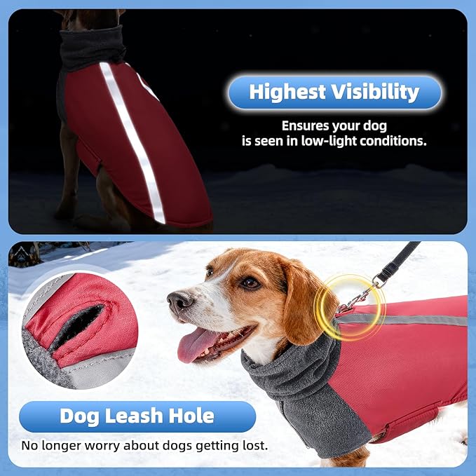 SlowTon Winter Dog Coat, Warm Polar Fleece Lining Doggie Outdoor Jacket with Turtleneck Scarf Reflective Stripe Adjustable Waterproof Windproof Puppy Vest Soft Pet Outfits (XXL,Red)