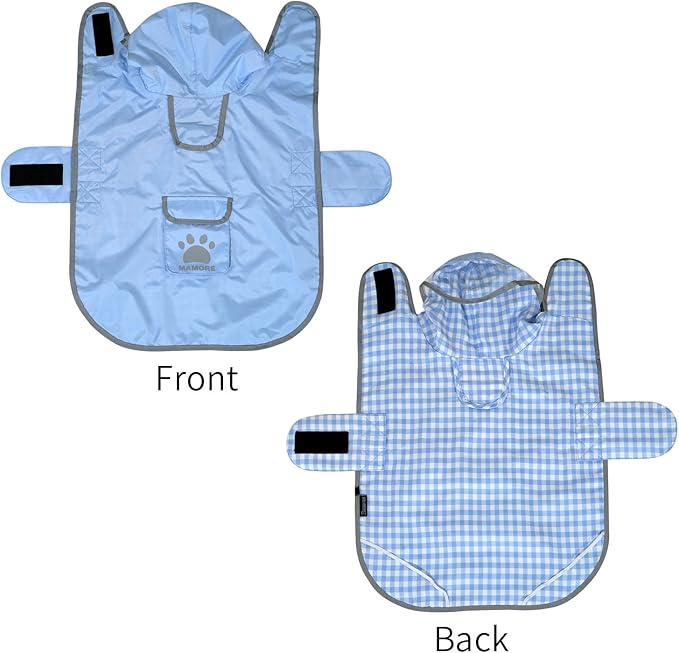 MAMORE Dog Raincoat Reversible,Waterproof Dog Rain Coat Hooded Slicker Poncho with Reflective Strip, Plaid Double Layer Rain Jacket for Small Medium Large Dogs (Light Blue, Medium)