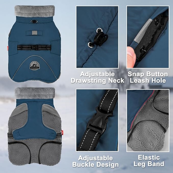 KYEESE Waterproof Dog Coat, Windproof Warm Winter Jacket with Thick Fleece Lined, Turtleneck Dog Coats for Small Dogs with Leash Hole, Reflective Outdoor Cold Weather Coat, Navy Blue, Medium